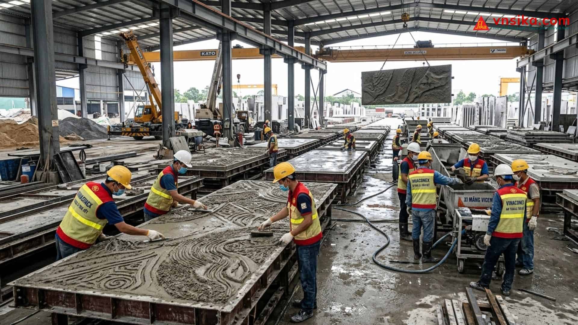 Nhân viên thi công chống ẩm bê tông bằng Sika tại nhà máy.