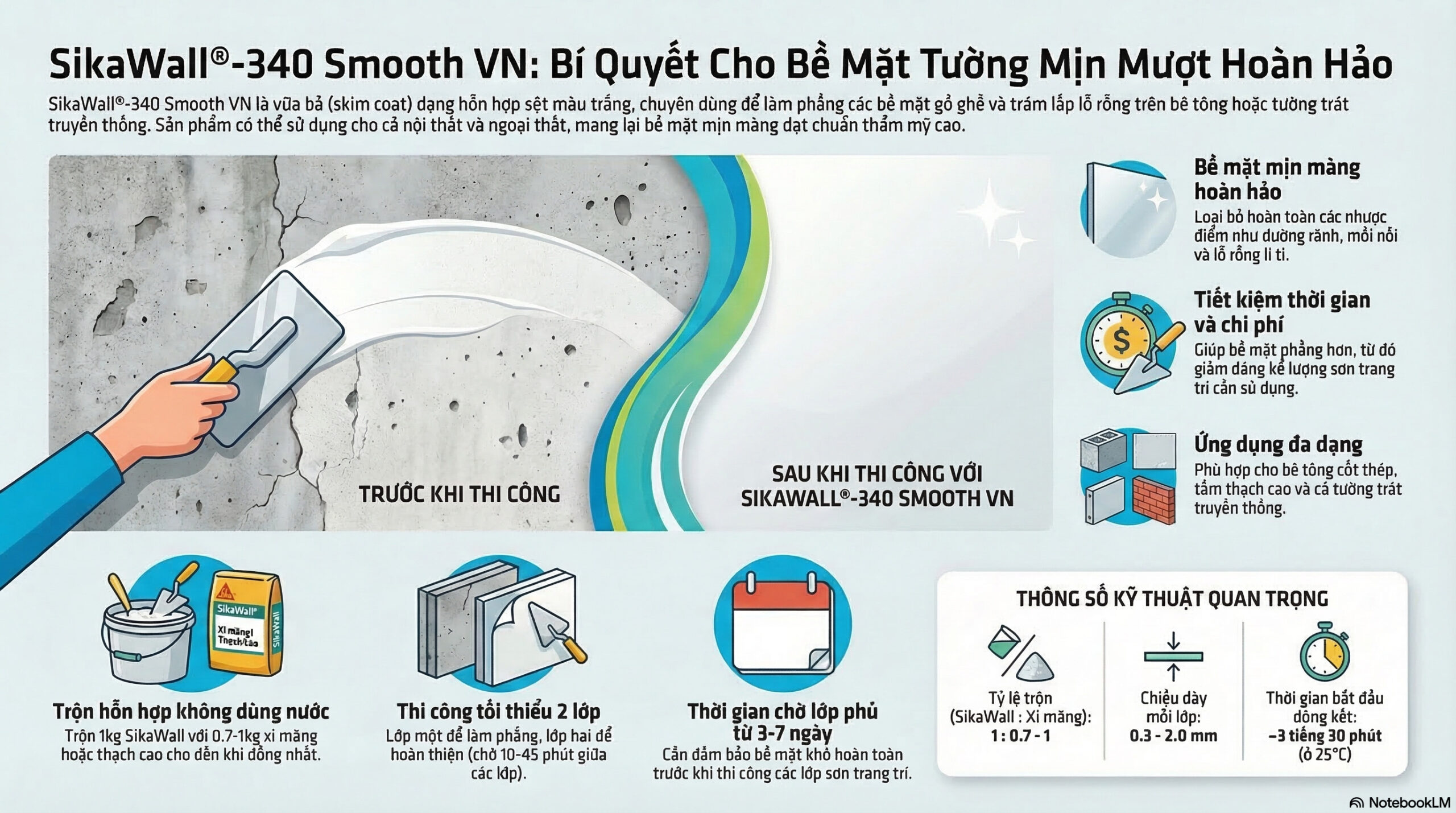 SikaWall 340 Smooth VN | Vữa San Phẳng Và Trám Lỗ Rỗng Cao Cấp