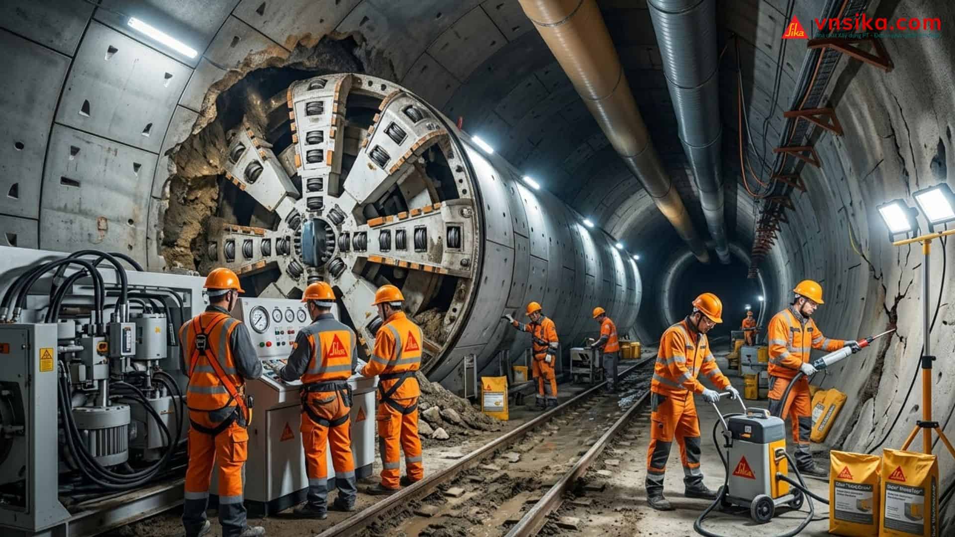 Sika Stabilizer 6018 TBM | Phụ Gia Đóng Rắn Nhanh Vữa Hầm TBM 2 Công nhân thi công hầm bằng máy đào TBM tại công trường Sika Việt Nam.