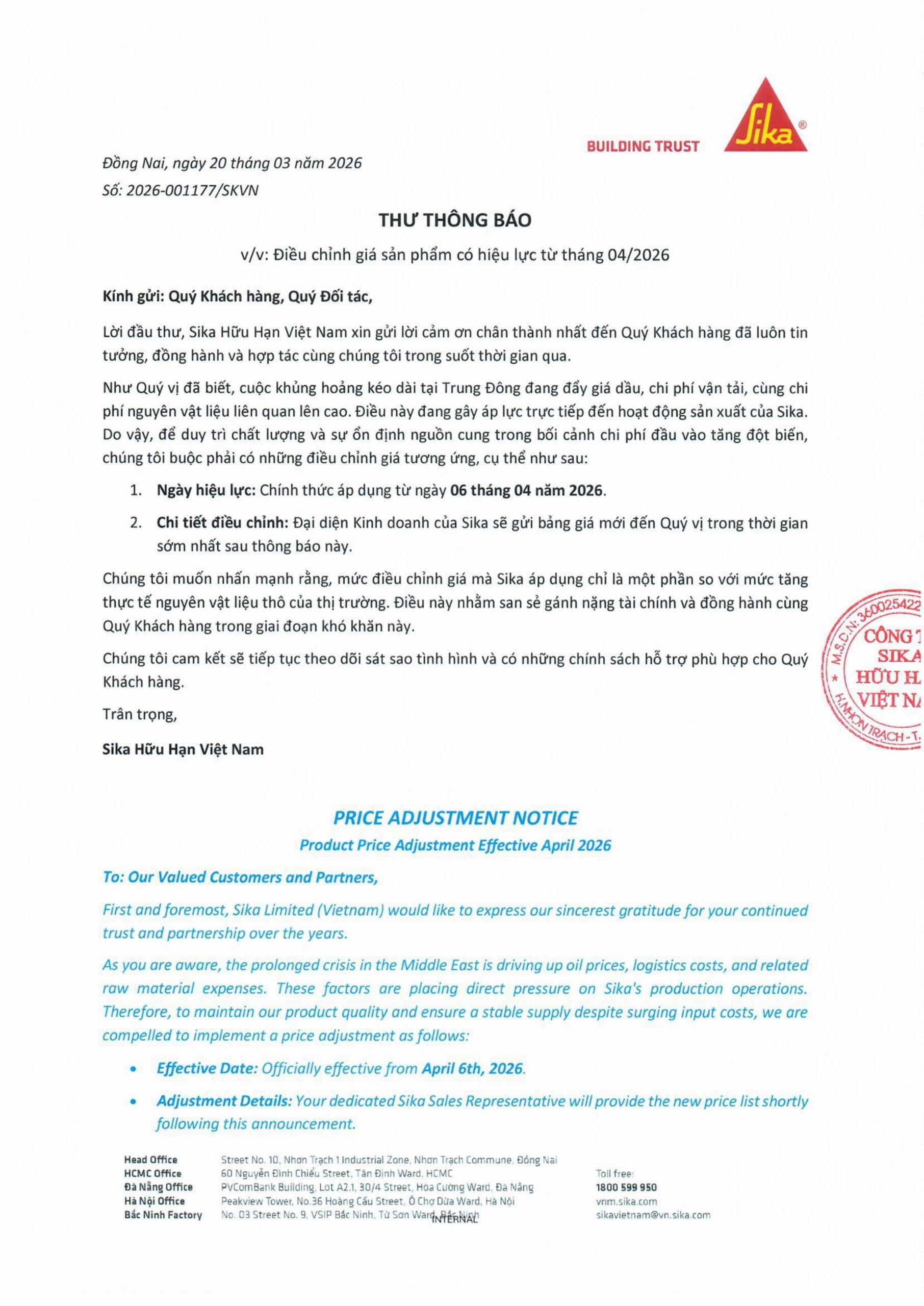 20260320 Thong bao tang gia Sika Viet Nam page 0001 scaled